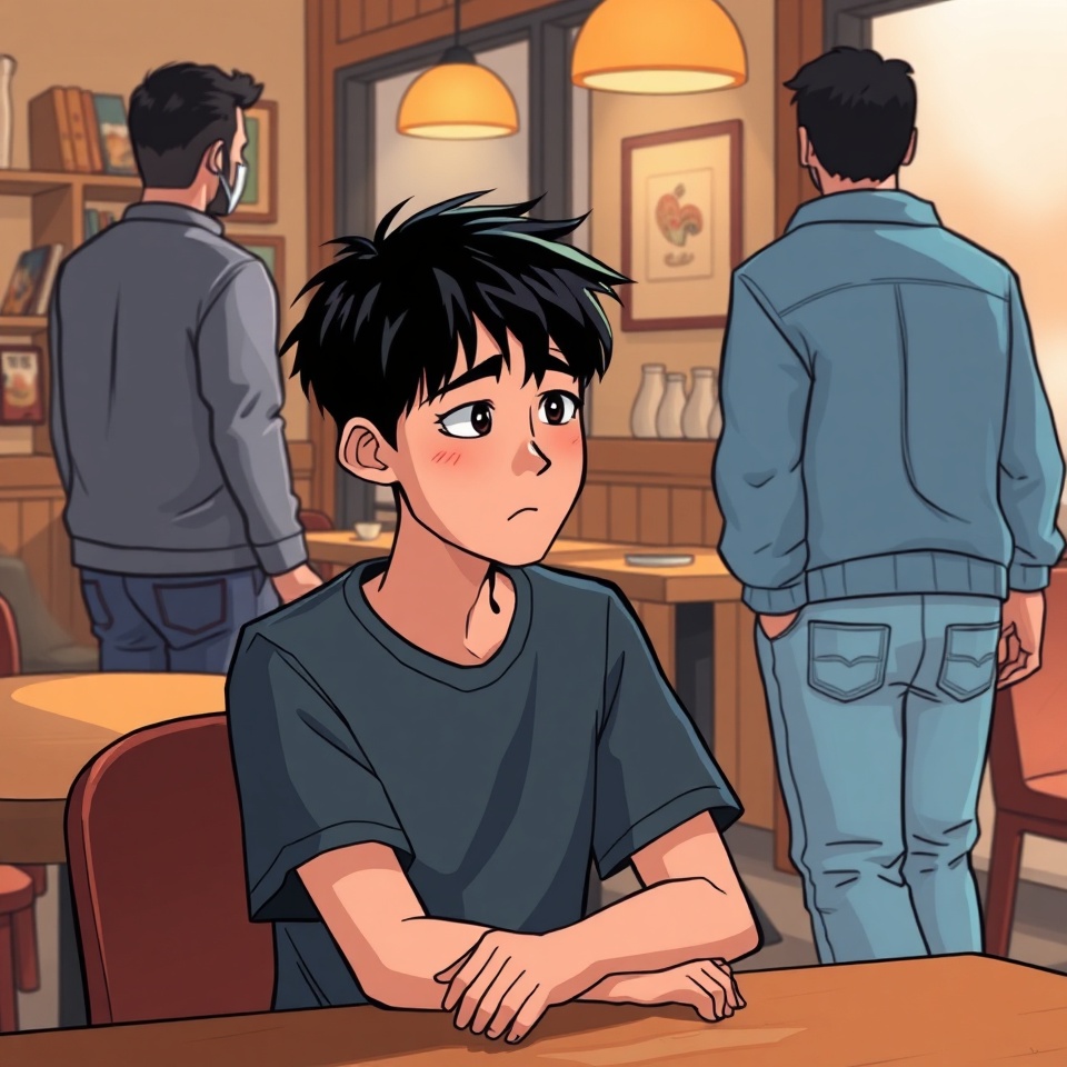 AI Generated image of an Asian man feeling dejected sitting at the table.