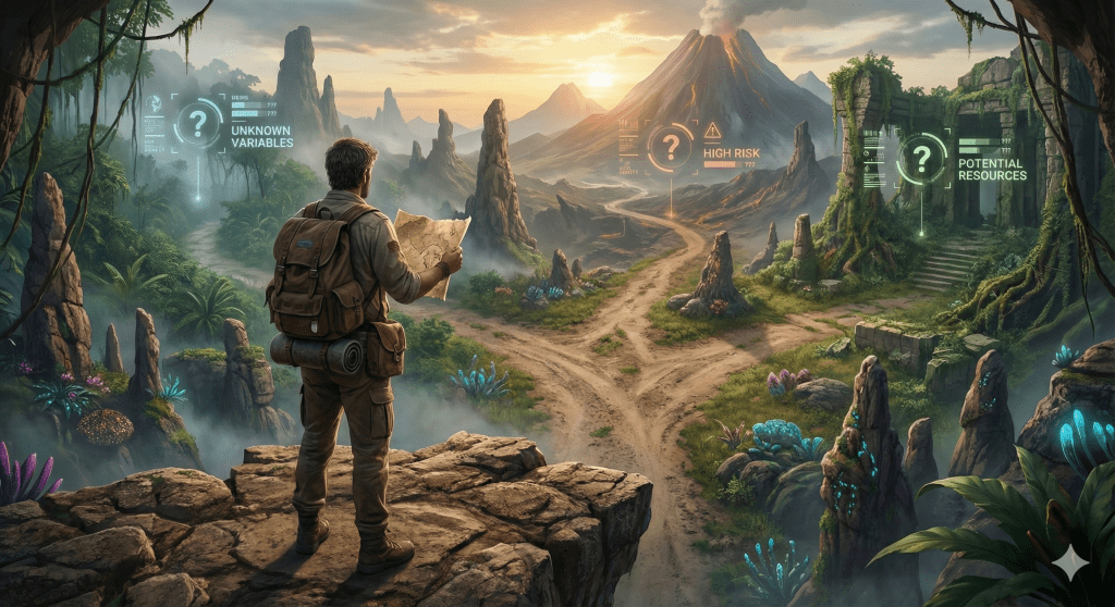 A Gemini AI generated image of an explorer facing multiple paths & unknowns