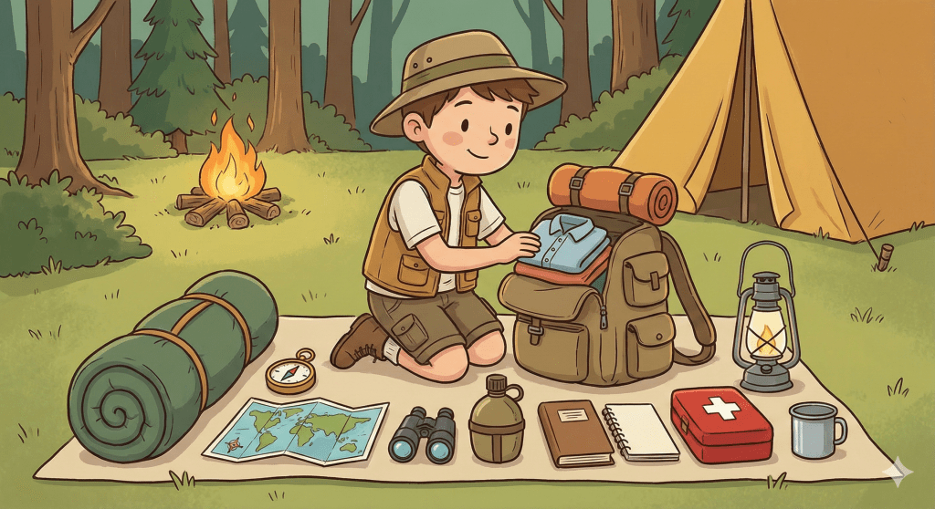 An illustration image showing an explorer repacking his backpack before setting out on a new expedition.