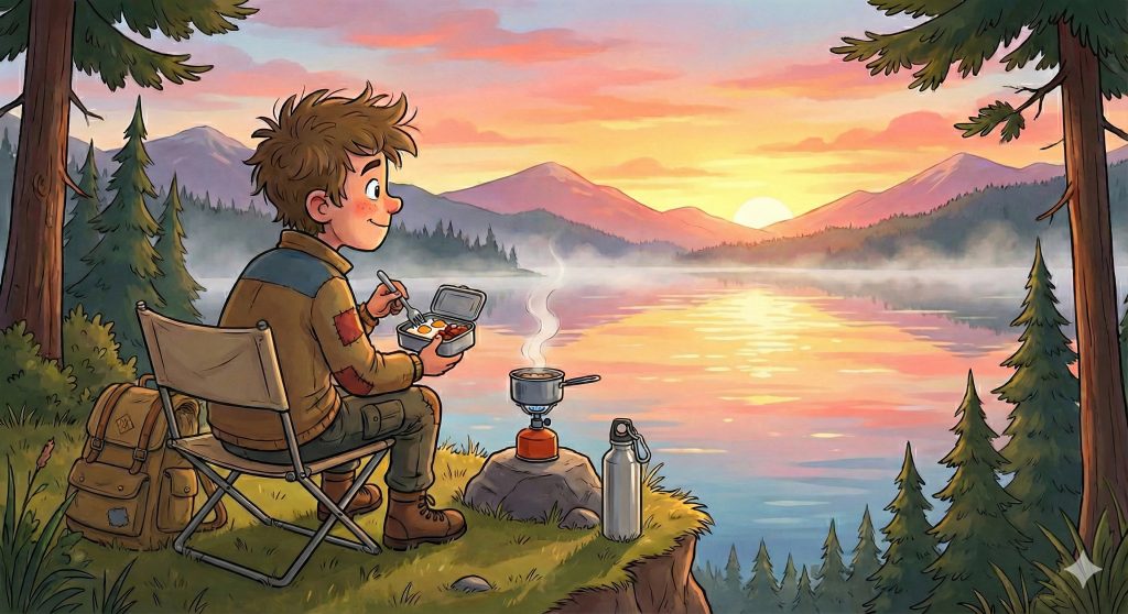 This is an AI Generated image showing a young explorer, sitting down in a foldable chair, at the edge of the lake, enjoying the sunrise and some breakfast.