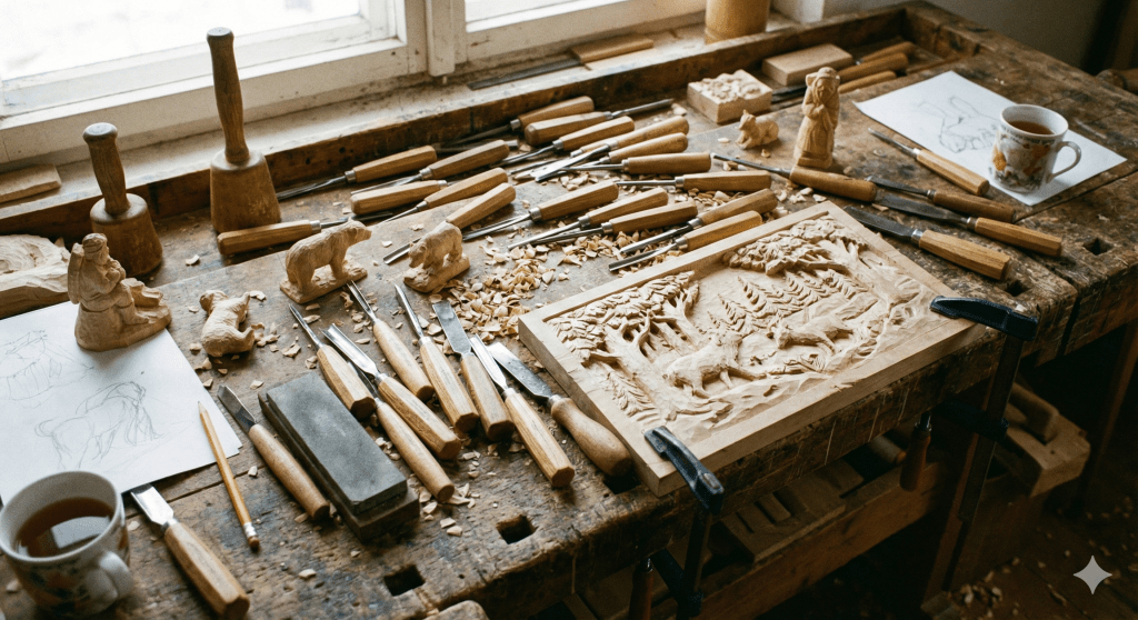 An AI generated image showing different carving tools on the workbench for a woodworking artisan.