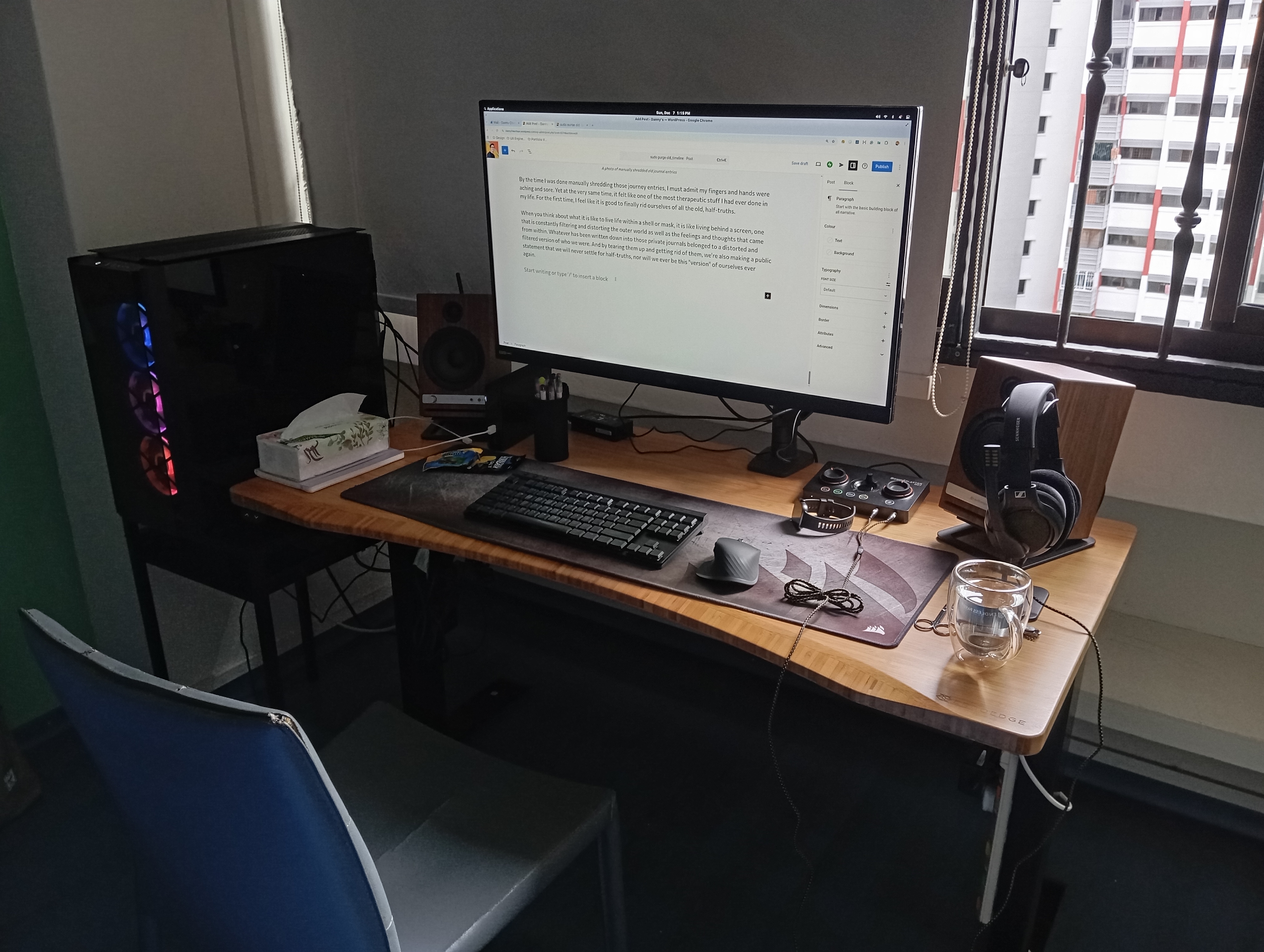 A photo of our new setup, including taking over the ergonomic desk from my younger brother's room.