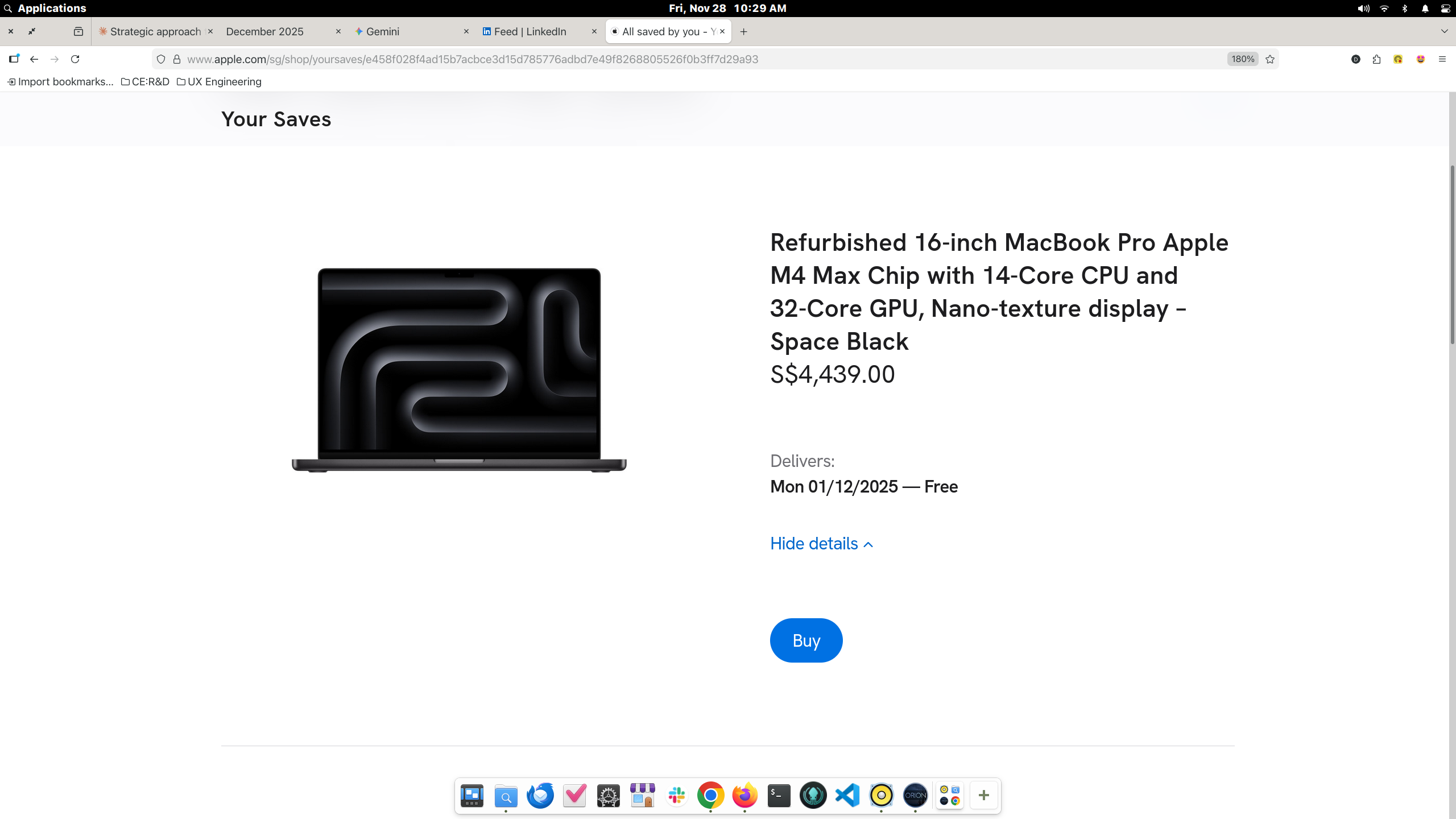 A screenshot of the saved item, a refurbished Apple MacBook Pro, 16" (M4 Max)