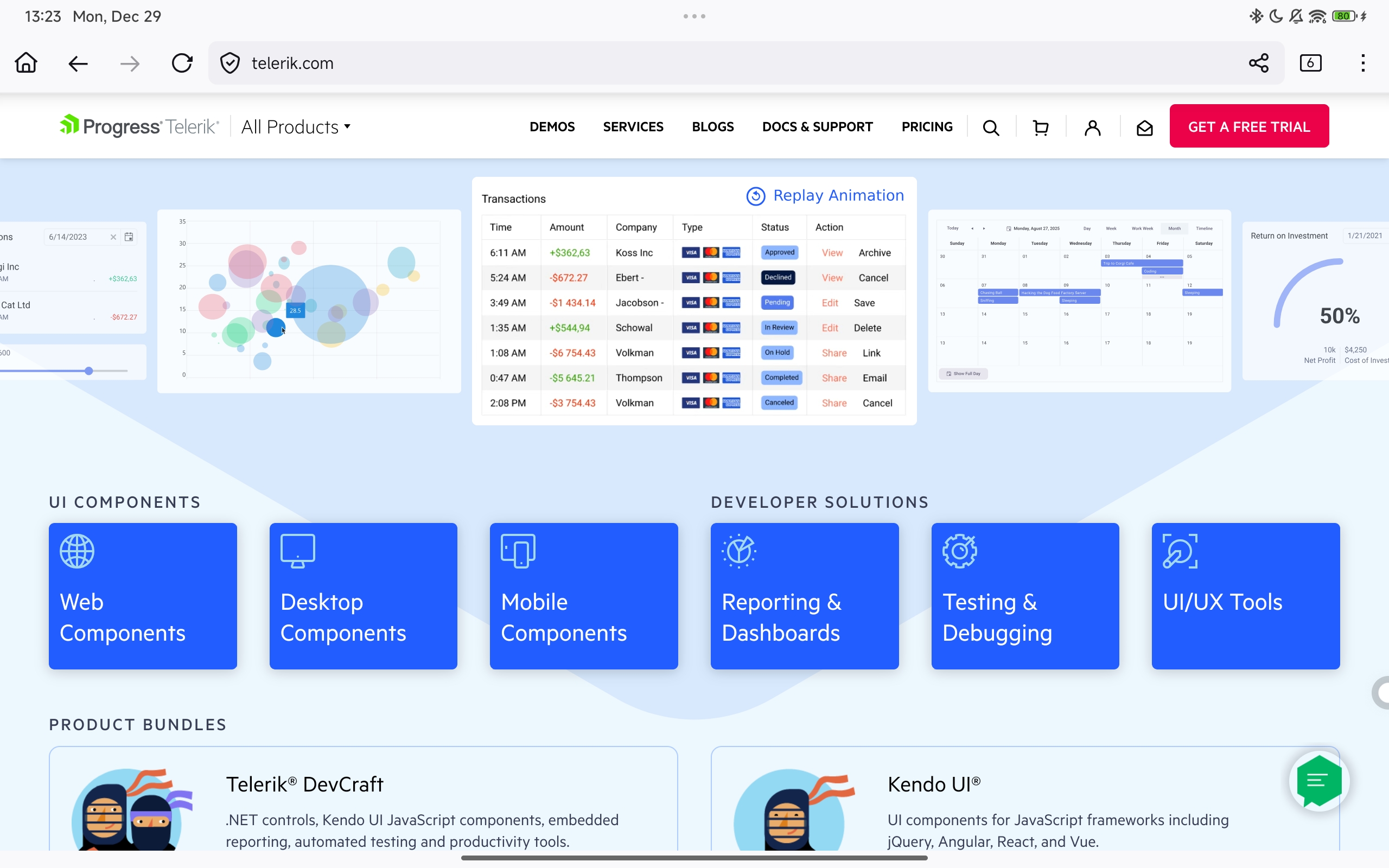 Screenshot of Telerik's products and options.