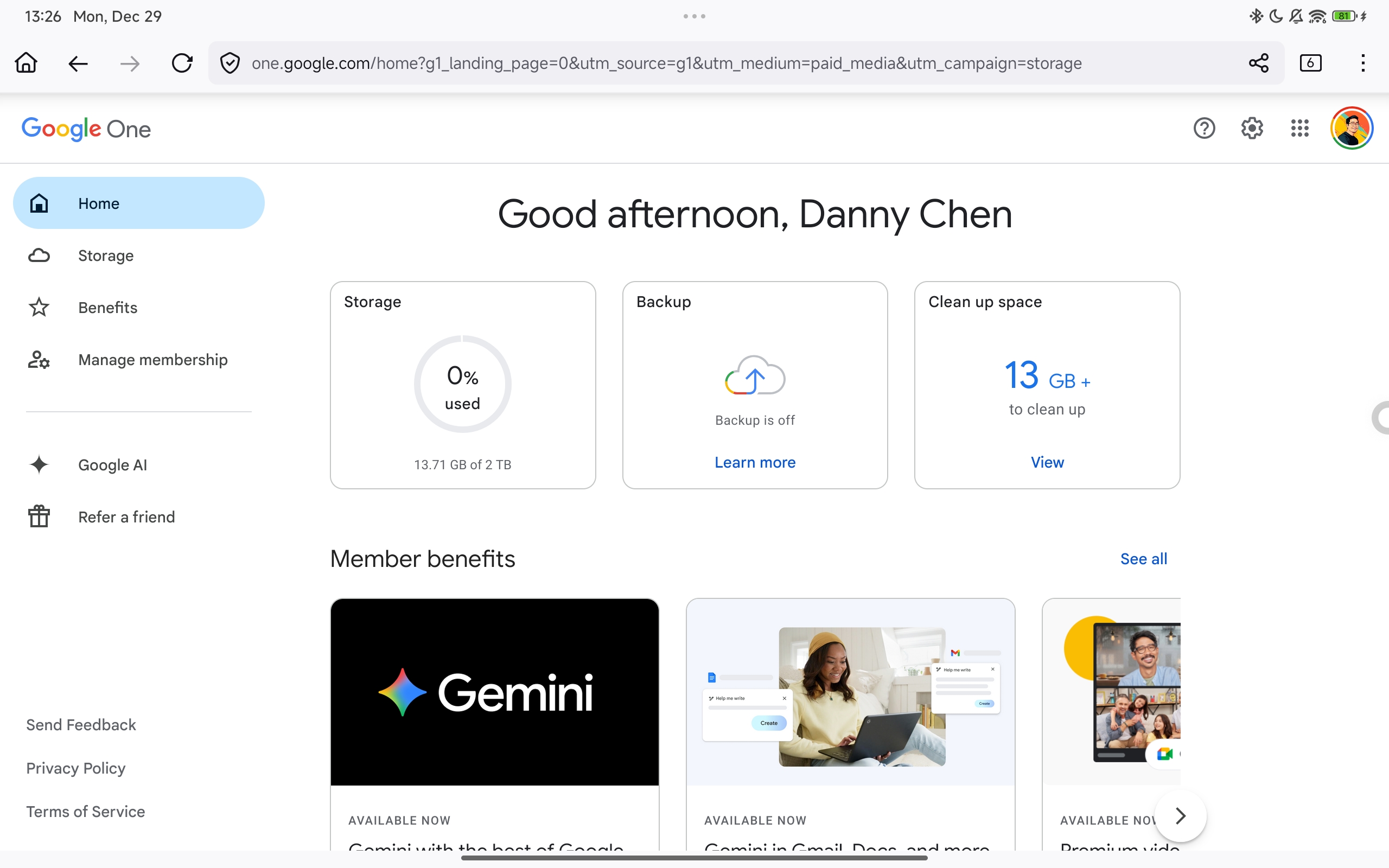 Screenshot of Google One's subscription which also includes Gemini AI.