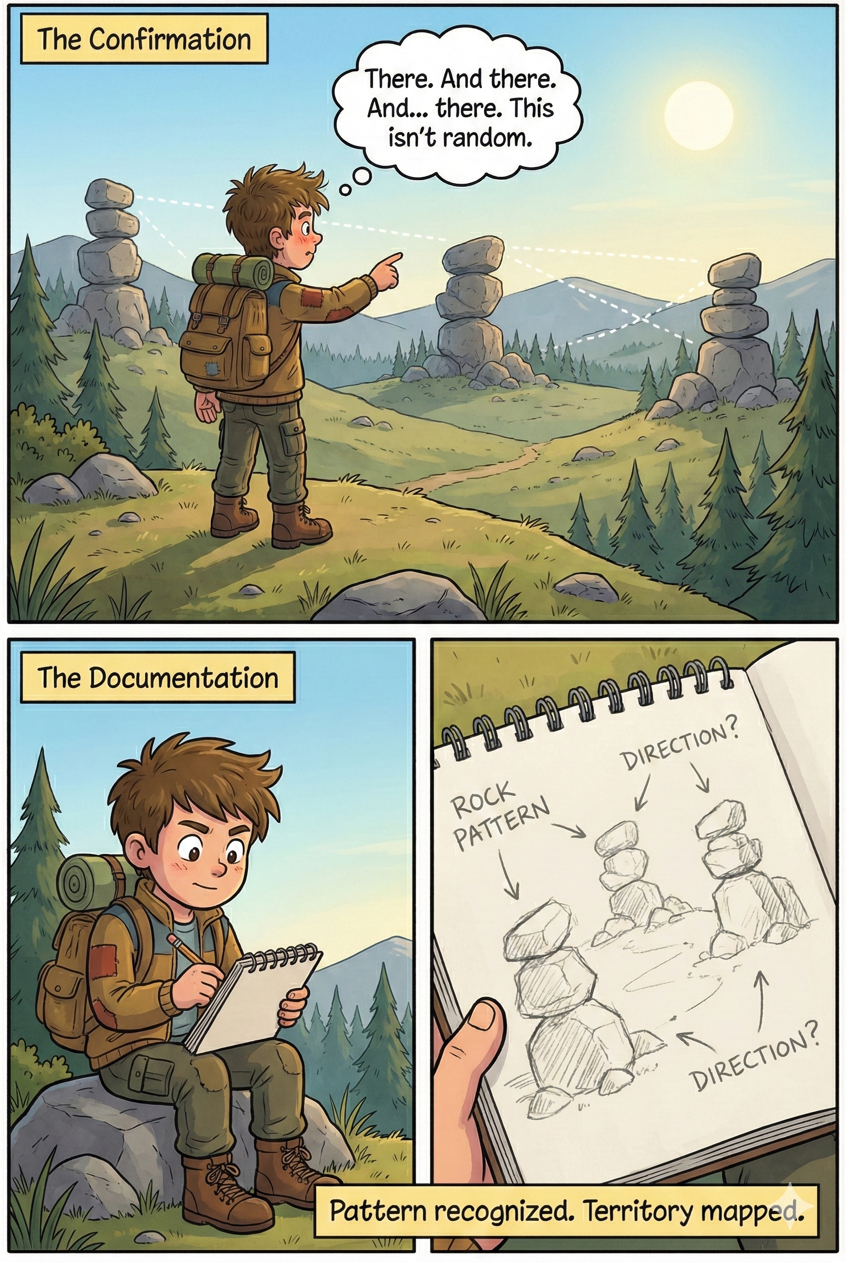 In this second part of the comic strip about pattern recognition, we see our young explorer finally recognizing a common pattern. And after that he decides to sit down on a rock somewhere and notes down his observations.