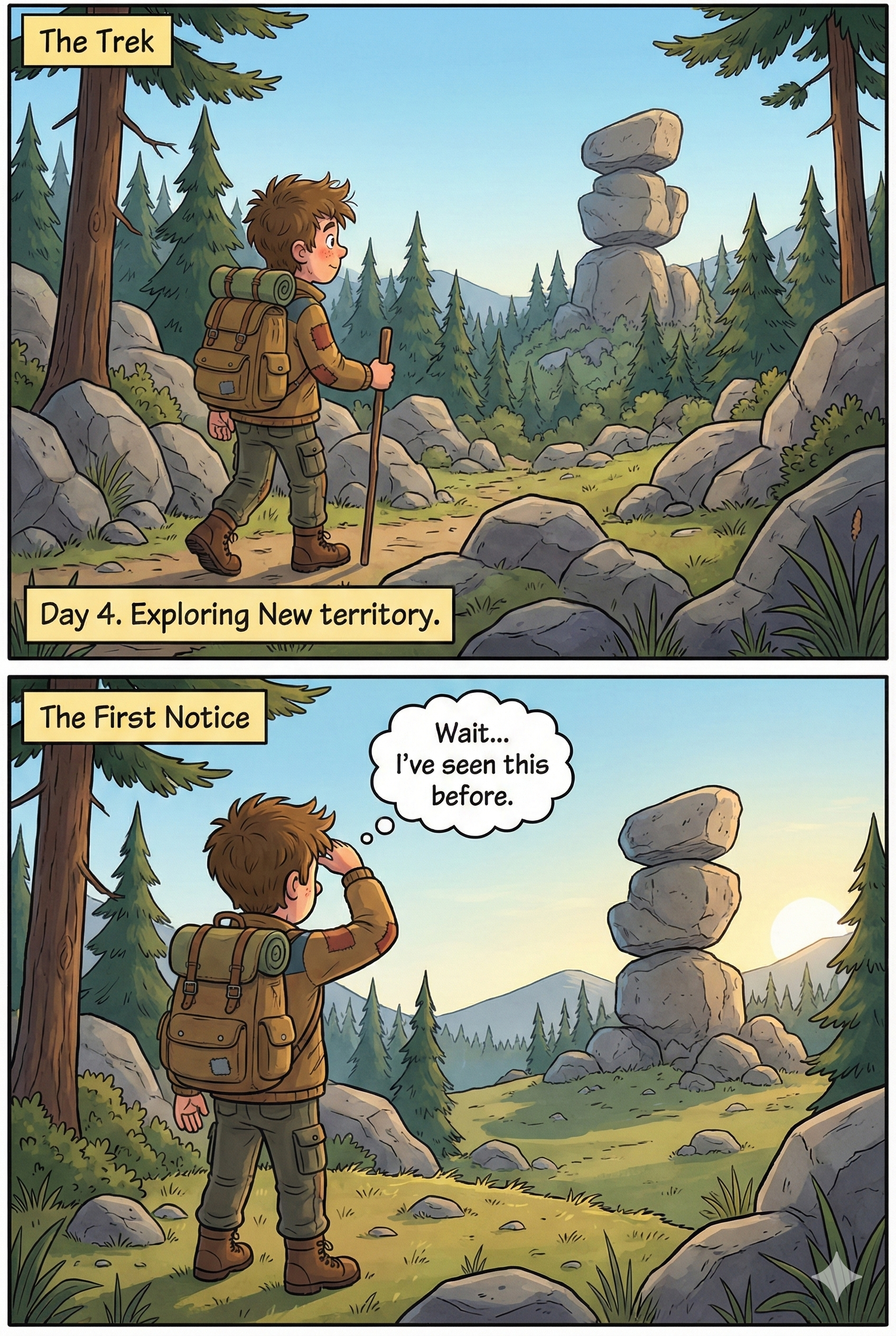 In this AI-generated image, we continue to follow the story of our young explorer.

This time, while he is out on one of his expeditions, he notices certain landmarks (i.e., cairnes along the path).