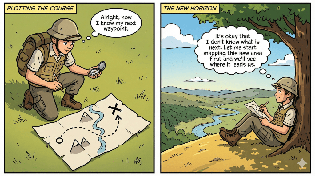 An AI generated comic strip showing an explorer plotting his next "waypoint" and trusting his compass.