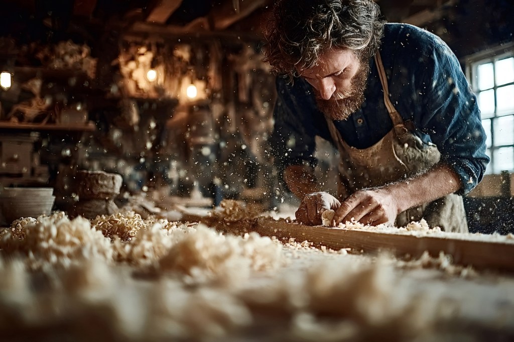 Experienced carpenter concentrating on shaping wood with a hand plane in his workshop, surrounded by wood shavings and tools, showcasing craftsmanship and woodworking skills