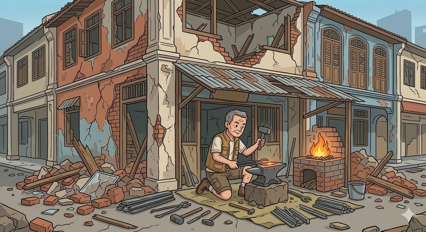 This is an AI-generated image showing a master craftsman working in his makeshift workshop. While also surrounded by ruins from a recent earthquake.