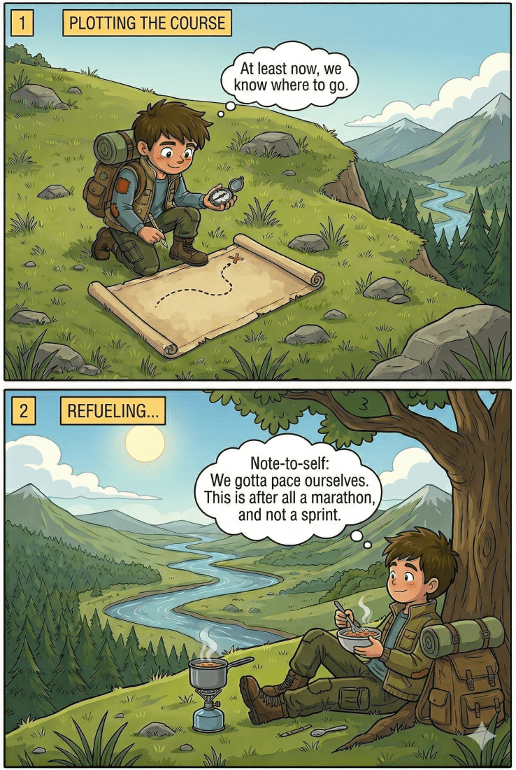 This Part of the comic strip tells the narrative of our young explorer trusting his compass to help him naivgate to the next waypoint.