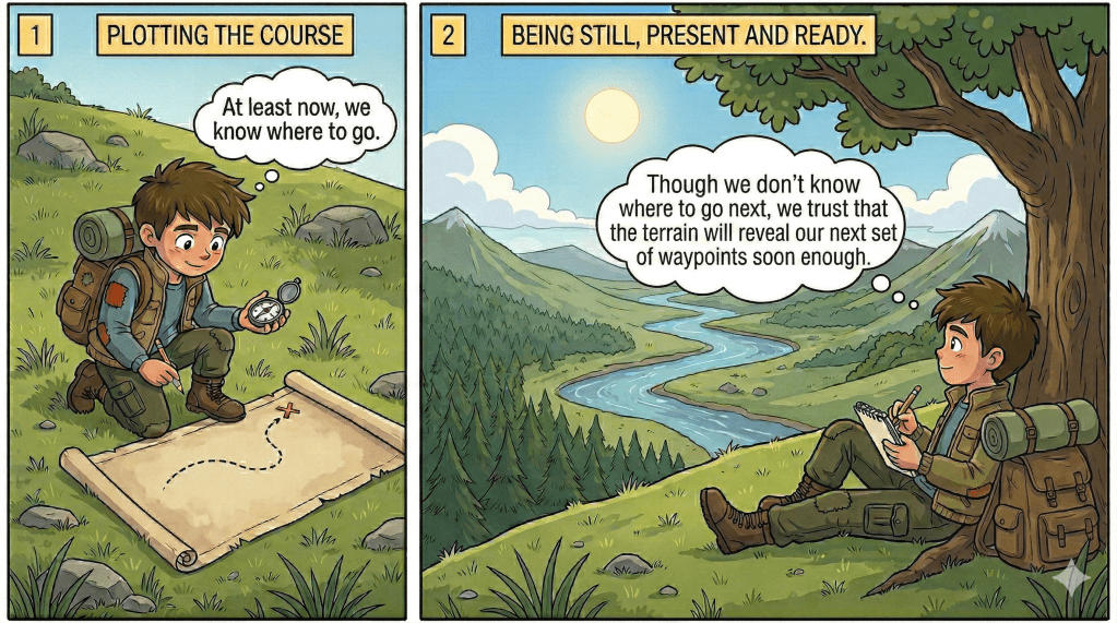 This is an AI-generated comic strip narrating the story of a young explorer trusting his compass to help him navigate the terrain.